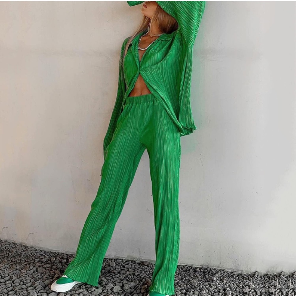 Green Silky Pleated Long Sleeve Lounge Set